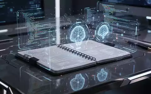 Stilisierte digitale Notizbuch-Oberfläche mit leuchtenden KI-Elementen und Code-Schnipseln, reflektiert auf einem polierten, futuristischen Schreibtisch. - Foto: über boerse-global.de