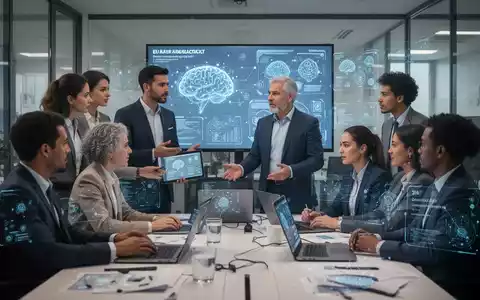 Eine Gruppe von Fachleuten in einem modernen Büro nimmt an einer KI-Schulung teil, Bildschirme zeigen digitale KI-Konzepte. - Foto: über boerse-global.de