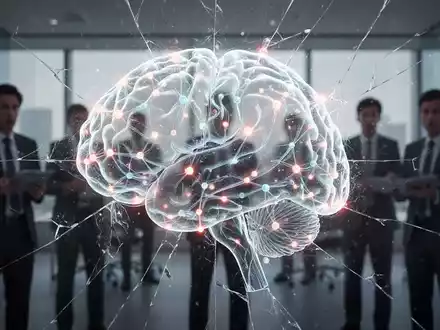 Ein stilisiertes, leuchtendes neuronales Netzwerk, das Risse zeigt, mit verschwommenen Geschäftsleuten im Hintergrund. - Foto: über boerse-global.de