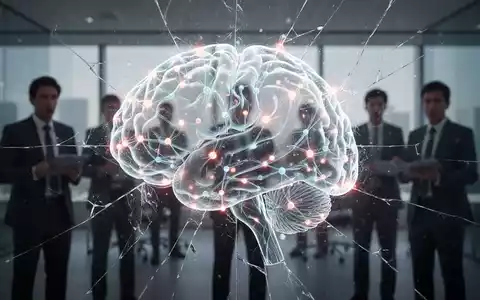 Ein stilisiertes, leuchtendes neuronales Netzwerk, das Risse zeigt, mit verschwommenen Geschäftsleuten im Hintergrund. - Foto: über boerse-global.de