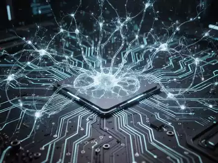 Eine futuristische digitale Benutzeroberfläche mit leuchtenden neuronalen Netzmustern über einer stilisierten Platine. - Foto: über boerse-global.de