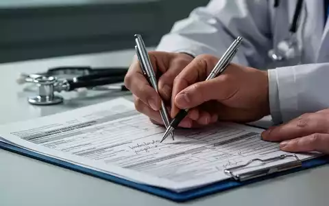 Eine Nahaufnahme einer Hand, die ein medizinisches Formular ausfüllt, mit einem Stethoskop im Hintergrund. Symbolisiert Bürokratie in der Medizin. - Foto: über boerse-global.de