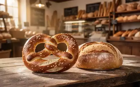 Frisch gebackene Brezel und Brötchen auf einem Holztisch in einer Bäckerei, mit warmem Morgenlicht beleuchtet. - Foto: über boerse-global.de