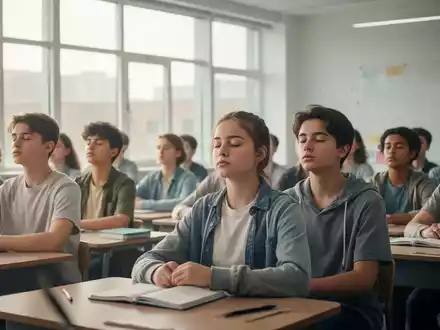 Schüler in einem Klassenzimmer nehmen an einer Übung zur Stressbewältigung teil, konzentriert und ruhig. - Foto: über boerse-global.de