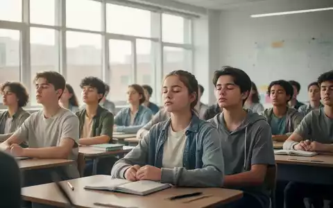 Schüler in einem Klassenzimmer nehmen an einer Übung zur Stressbewältigung teil, konzentriert und ruhig. - Foto: über boerse-global.de