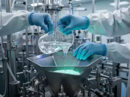 Nahaufnahme von Händen, die eine klare Flüssigkeit in eine Maschine gießen, in einer modernen, beleuchteten Fabrikumgebung. - Foto: über boerse-global.de