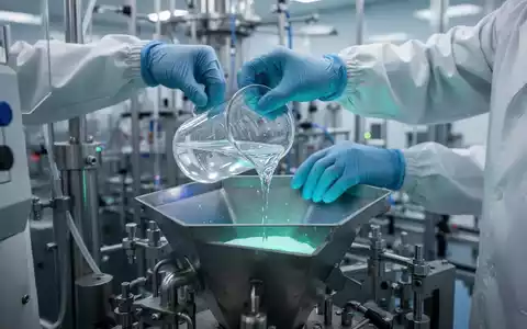 Nahaufnahme von Händen, die eine klare Flüssigkeit in eine Maschine gießen, in einer modernen, beleuchteten Fabrikumgebung. - Foto: über boerse-global.de