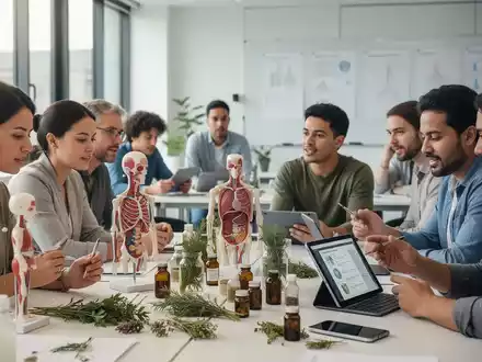 Eine Gruppe von Fachleuten bei einer Fortbildung im Bereich Naturheilkunde, umgeben von Lehrmaterialien und Modellen. - Foto: über boerse-global.de