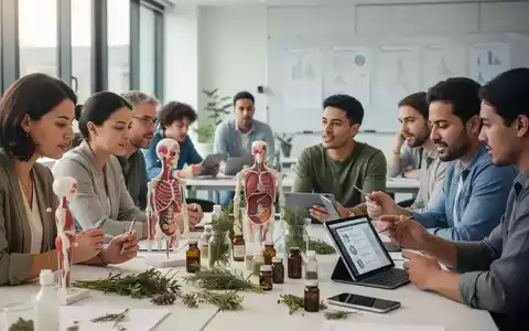 Eine Gruppe von Fachleuten bei einer Fortbildung im Bereich Naturheilkunde, umgeben von Lehrmaterialien und Modellen. - Foto: über boerse-global.de
