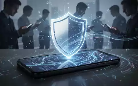 Leuchtendes digitales Schildsymbol auf Smartphone-Display mit abstrakten Daten, symbolisiert verbesserte mobile Sicherheit. - Foto: über boerse-global.de