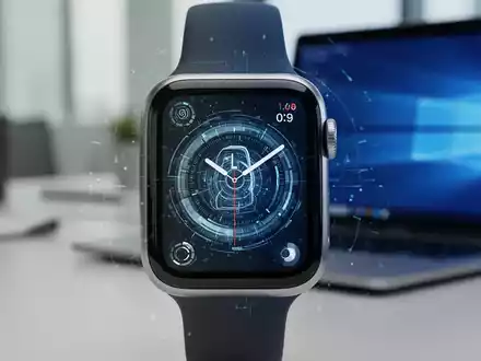 Nahaufnahme eines Apple Watch-Zifferblatts mit moderner KI-Oberfläche, im Hintergrund ein verschwommenes Windows-Notebook. - Foto: über boerse-global.de