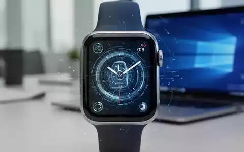 Nahaufnahme eines Apple Watch-Zifferblatts mit moderner KI-Oberfläche, im Hintergrund ein verschwommenes Windows-Notebook. - Foto: über boerse-global.de