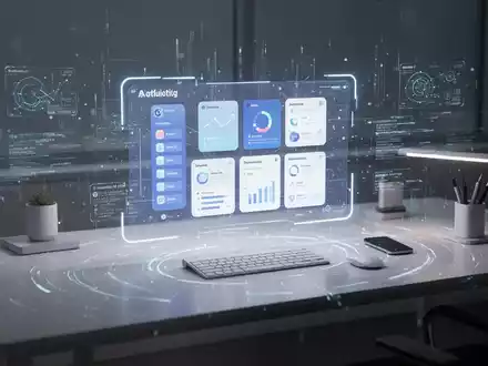 Futuristischer Schreibtisch mit holografischer Oberfläche, die Produktivitäts-Apps und digitale Datenströme zeigt, symbolisiert KI-gesteuertes Aufgabenmanagement. - Foto: über boerse-global.de