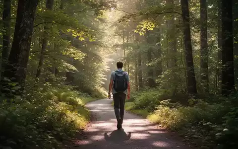Eine Person geht auf einem gewundenen Pfad durch einen sonnenbeschienenen Wald. - Foto: über boerse-global.de