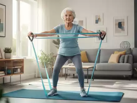 Eine ältere Frau macht zu Hause leichte Übungen mit einem Widerstandsband, um ihre Mobilität und Gesundheit zu fördern. - Foto: über boerse-global.de
