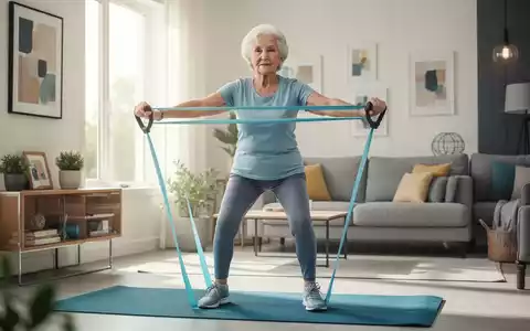 Eine ältere Frau macht zu Hause leichte Übungen mit einem Widerstandsband, um ihre Mobilität und Gesundheit zu fördern. - Foto: über boerse-global.de
