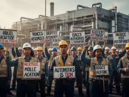 Arbeiter protestieren vor einer großen Automobilfabrik, halten Schilder und zeigen ihren Unmut über Arbeitsbedingungen. - Foto: über boerse-global.de