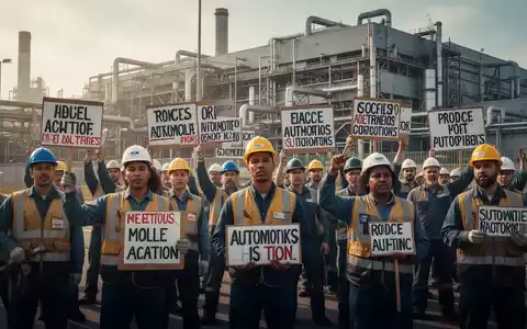 Arbeiter protestieren vor einer großen Automobilfabrik, halten Schilder und zeigen ihren Unmut über Arbeitsbedingungen. - Foto: über boerse-global.de