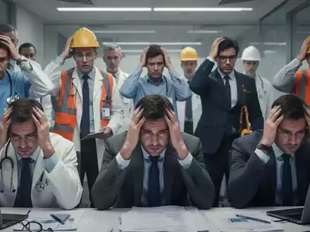 Eine Gruppe erschöpfter Fachleute aus verschiedenen Branchen, die Anzeichen von Stress und Müdigkeit zeigen, in einem modernen Arbeitsumfeld. - Foto: über boerse-global.de
