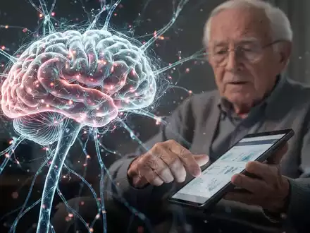 Eine Nahaufnahme eines Gehirns mit leuchtenden neuronalen Netzwerken, im Hintergrund eine ältere Person, die eine digitale Tablette benutzt. - Foto: über boerse-global.de