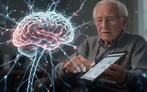 Eine Nahaufnahme eines Gehirns mit leuchtenden neuronalen Netzwerken, im Hintergrund eine ältere Person, die eine digitale Tablette benutzt. - Foto: über boerse-global.de