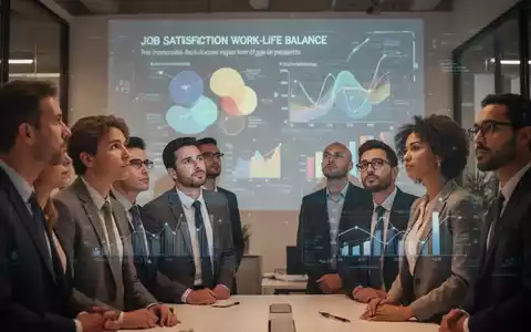 Geschäftsleute in einem modernen Büro, die eine digitale Projektion mit Daten zur Arbeitszufriedenheit und Work-Life-Balance betrachten. - Foto: über boerse-global.de
