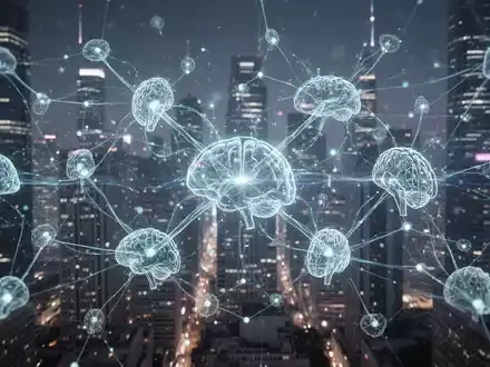 Ein stilisierter, leuchtender neuronaler Netzwerkknoten, der KI-Agenten-Kollaboration vor futuristischer Stadtlandschaft symbolisiert. - Foto: über boerse-global.de