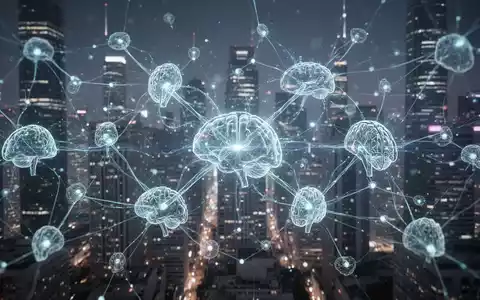 Ein stilisierter, leuchtender neuronaler Netzwerkknoten, der KI-Agenten-Kollaboration vor futuristischer Stadtlandschaft symbolisiert. - Foto: über boerse-global.de