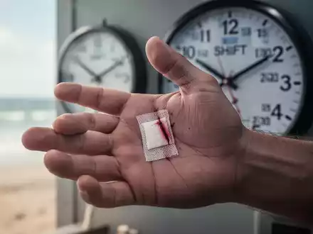 Eine Nahaufnahme einer bandagierten Hand, im Hintergrund unscharf eine Uhr und Andeutungen von Schichtarbeit und Freizeit. - Foto: über boerse-global.de