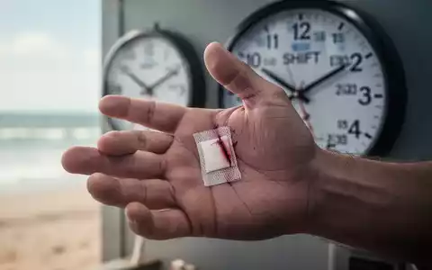 Eine Nahaufnahme einer bandagierten Hand, im Hintergrund unscharf eine Uhr und Andeutungen von Schichtarbeit und Freizeit. - Foto: über boerse-global.de
