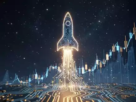 Eine stilisierte Rakete aus Schaltkreisen startet in den Nachthimmel, ihr Schweif bildet einen Börsenkurs, symbolisiert einen Tech-Börsengang. - Foto: über boerse-global.de