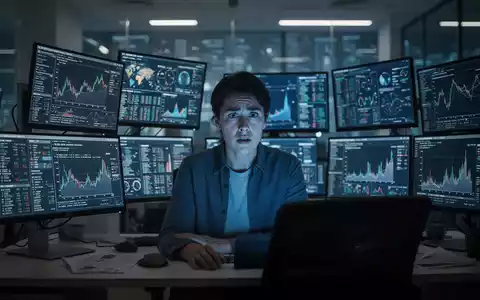 Eine Person sitzt an einem Schreibtisch, umgeben von mehreren leuchtenden Bildschirmen mit Daten, das Gesicht von den Monitoren beleuchtet. - Foto: über boerse-global.de