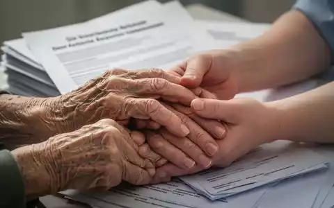Eine ältere, faltige Hand wird von einer jüngeren Hand sanft gehalten, im Hintergrund verschwommen offizielle Dokumente. - Foto: über boerse-global.de