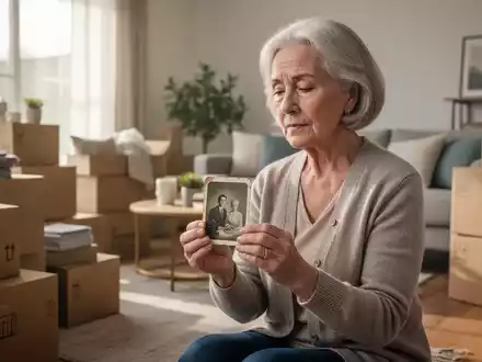 Eine nachdenkliche ältere Frau hält ein Foto oder Andenken in einem Wohnzimmer mit Umzugskartons, symbolisiert Übergang und Entrümpelung. - Foto: über boerse-global.de