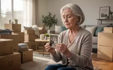 Eine nachdenkliche ältere Frau hält ein Foto oder Andenken in einem Wohnzimmer mit Umzugskartons, symbolisiert Übergang und Entrümpelung. - Foto: über boerse-global.de