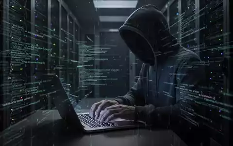 Schattenhafte Gestalt tippt auf glühendem Laptop, umgeben von abstraktem digitalem Code, symbolisiert Cyber-Bedrohungen und Ransomware. - Foto: über boerse-global.de