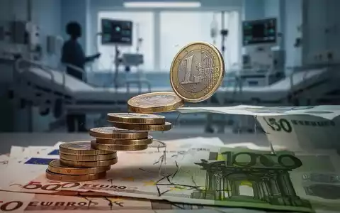 Eine Nahaufnahme von Euro-Münzen und -Banknoten, einige davon am Rande eines Abgrunds balancierend, mit verschwommener medizinischer Ausrüstung im Hintergrund. - Foto: über boerse-global.de