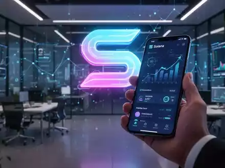 Eine Hand hält ein Smartphone mit Solana-Blockchain-Oberfläche vor einem leuchtenden Solana-Logo in einem modernen Büro. - Foto: über boerse-global.de