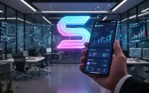 Eine Hand hält ein Smartphone mit Solana-Blockchain-Oberfläche vor einem leuchtenden Solana-Logo in einem modernen Büro. - Foto: über boerse-global.de