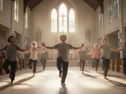 Eine Gruppe von Menschen praktiziert Qigong in einem hellen Kirchenraum, symbolisierend Ruhe und mentale Gesundheit. - Foto: über boerse-global.de