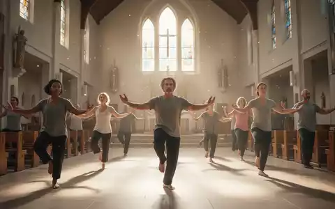 Eine Gruppe von Menschen praktiziert Qigong in einem hellen Kirchenraum, symbolisierend Ruhe und mentale Gesundheit. - Foto: über boerse-global.de