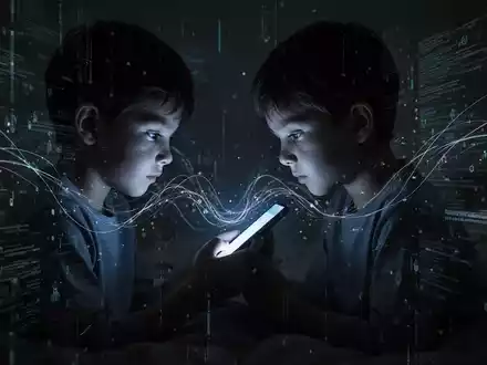 Eine Silhouette eines Kindes, das auf einen leuchtenden Smartphone-Bildschirm in einem dunklen Raum blickt, umgeben von digitalen Linien. - Foto: über boerse-global.de