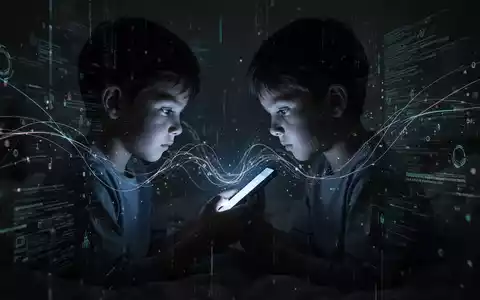 Eine Silhouette eines Kindes, das auf einen leuchtenden Smartphone-Bildschirm in einem dunklen Raum blickt, umgeben von digitalen Linien. - Foto: über boerse-global.de