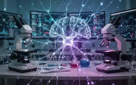 Abstrakte Visualisierung eines neuronalen Netzes über einem Forschungslabor mit Mikroskop und Bildschirmen. - Foto: über boerse-global.de