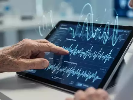 Nahaufnahme einer älteren Hand, die ein Tablet mit Gehirnstrommustern berührt, umgeben von abstrakten Sprachvisualisierungen. - Foto: über boerse-global.de