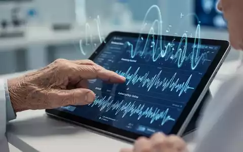 Nahaufnahme einer älteren Hand, die ein Tablet mit Gehirnstrommustern berührt, umgeben von abstrakten Sprachvisualisierungen. - Foto: über boerse-global.de