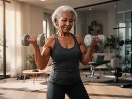 Eine ältere Frau trainiert mit Hanteln in einem modernen, hellen Heim-Fitnessstudio, das die Bedeutung von Krafttraining im Alter hervorhebt. - Foto: über boerse-global.de