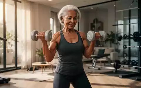 Eine ältere Frau trainiert mit Hanteln in einem modernen, hellen Heim-Fitnessstudio, das die Bedeutung von Krafttraining im Alter hervorhebt. - Foto: über boerse-global.de