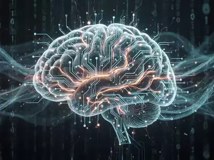 Eine stilisierte Gehirngrafik aus digitalen Schaltungen und leuchtenden Neuronenbahnen vor einem Hintergrund aus Datenströmen. - Foto: über boerse-global.de