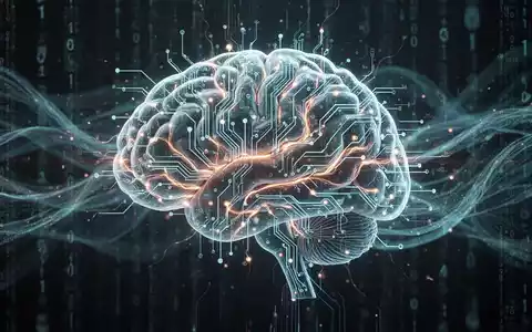Eine stilisierte Gehirngrafik aus digitalen Schaltungen und leuchtenden Neuronenbahnen vor einem Hintergrund aus Datenströmen. - Foto: über boerse-global.de